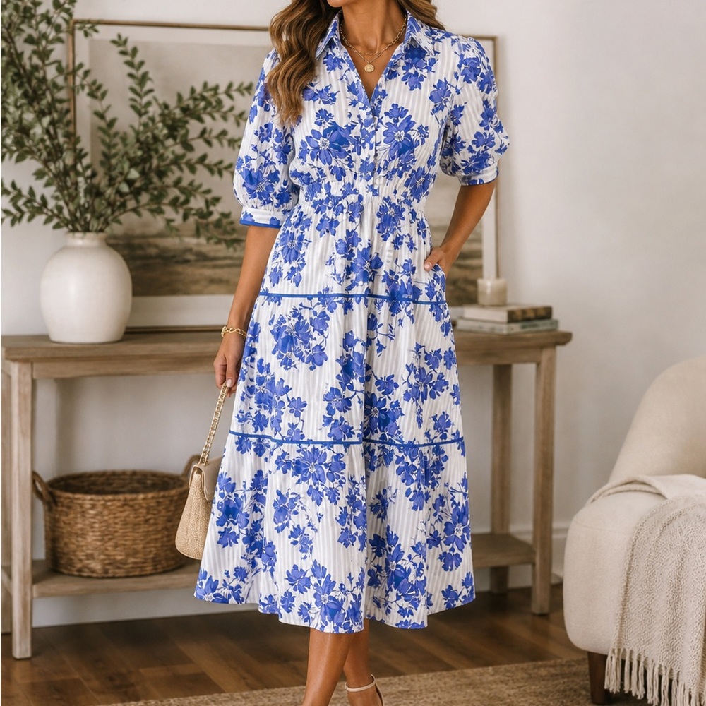 Blue Floral Midi Dress with Button Front